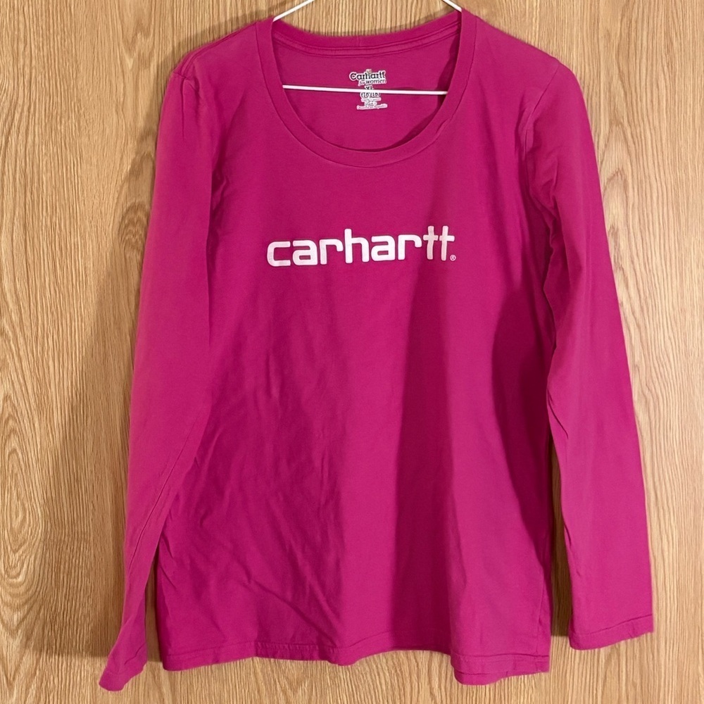 Carhartt Women's Bright Pink Logo Long Sleeve Tee Top